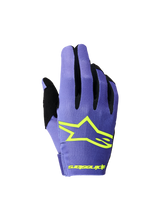 Alpinestars 2026 Radar Gloves, purple and yellow fluo motocross gloves featuring lightweight stretch construction.