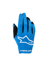 Alpinestars 2026 Radar Gloves, Men's blue and white motocross gloves with stretch backhand and white sublimated Astars logo.