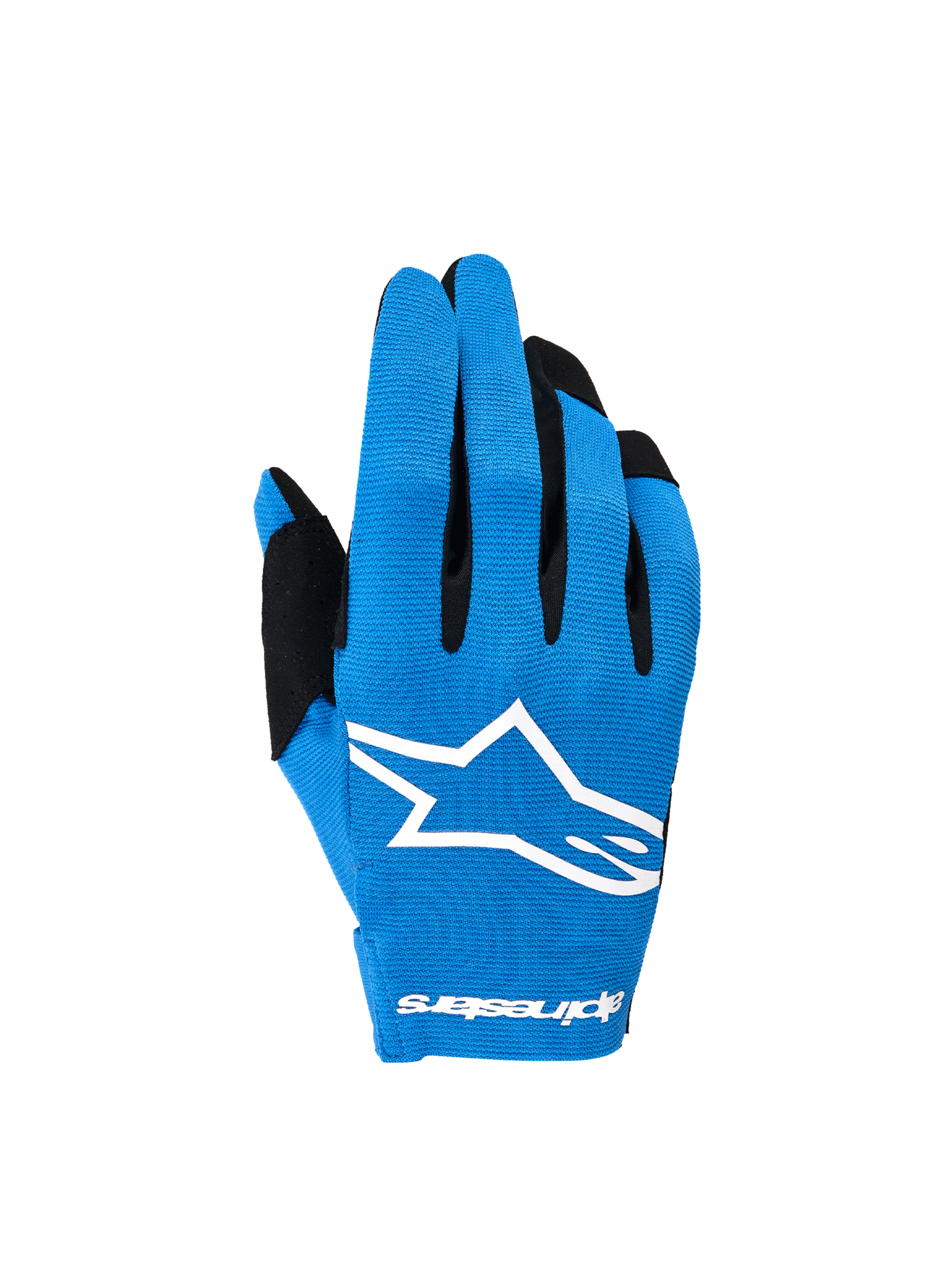 Alpinestars 2026 Radar Gloves, Men's blue and white motocross gloves with stretch backhand and white sublimated Astars logo.