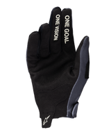 Alpinestars 2025 Radar Gloves, Motocross Gloves, Gray and Dark Camo, palm view featuring synthetic suede construction, white 'ONE VISION' and 'ONE GOAL' text on fingers, and a white Astars logo on the wrist pull tab