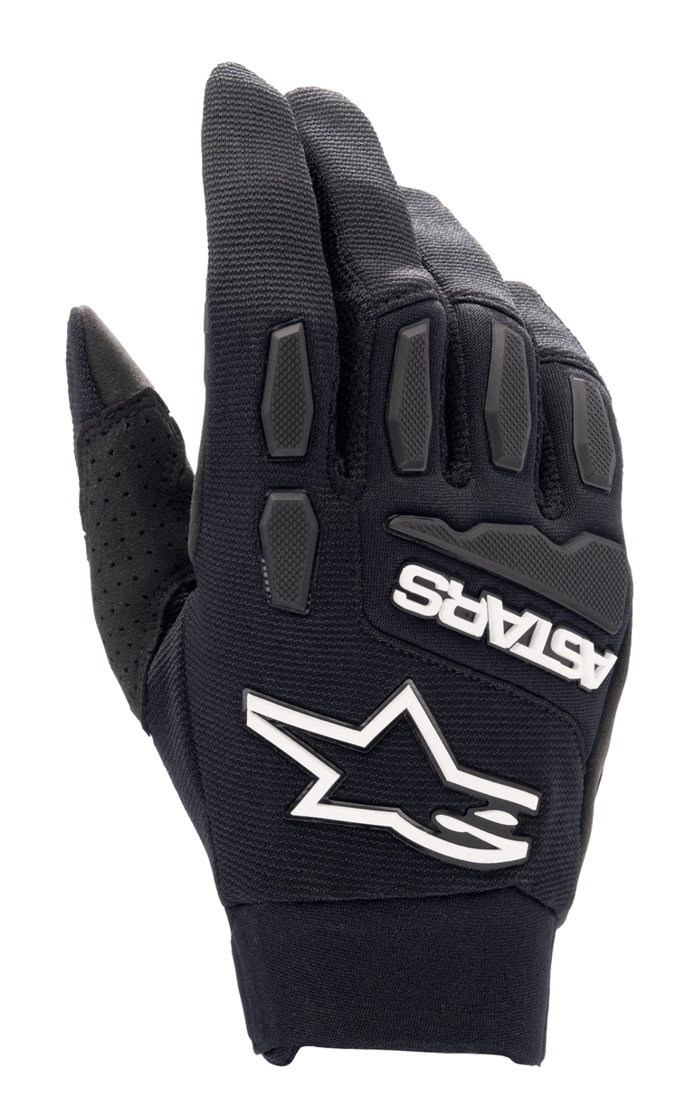 Alpinestars Full Bore XT Gloves, Black Motocross Gloves, featuring prominent white Alpinestars star logo and ASTARS branding, textured TPR knuckle and finger protection, breathable stretch fabric with perforated thumb detail, designed for enduro and off-road riding.