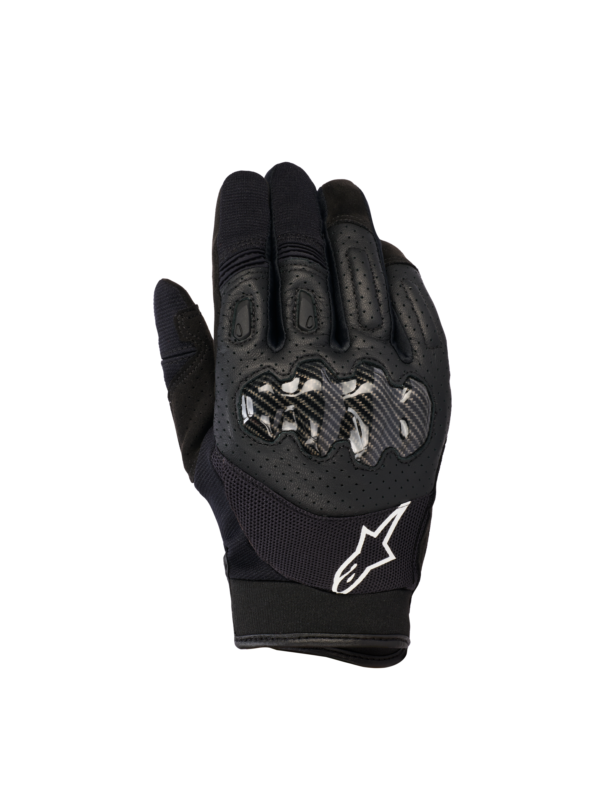 Alpinestars Megawatt V2 Gloves, Motocross and Enduro Gloves, Black, featuring a hard knuckle protector with carbon-look finish, perforated leather top hand for breathability, white Alpinestars logo on the cuff, durable off-road protection