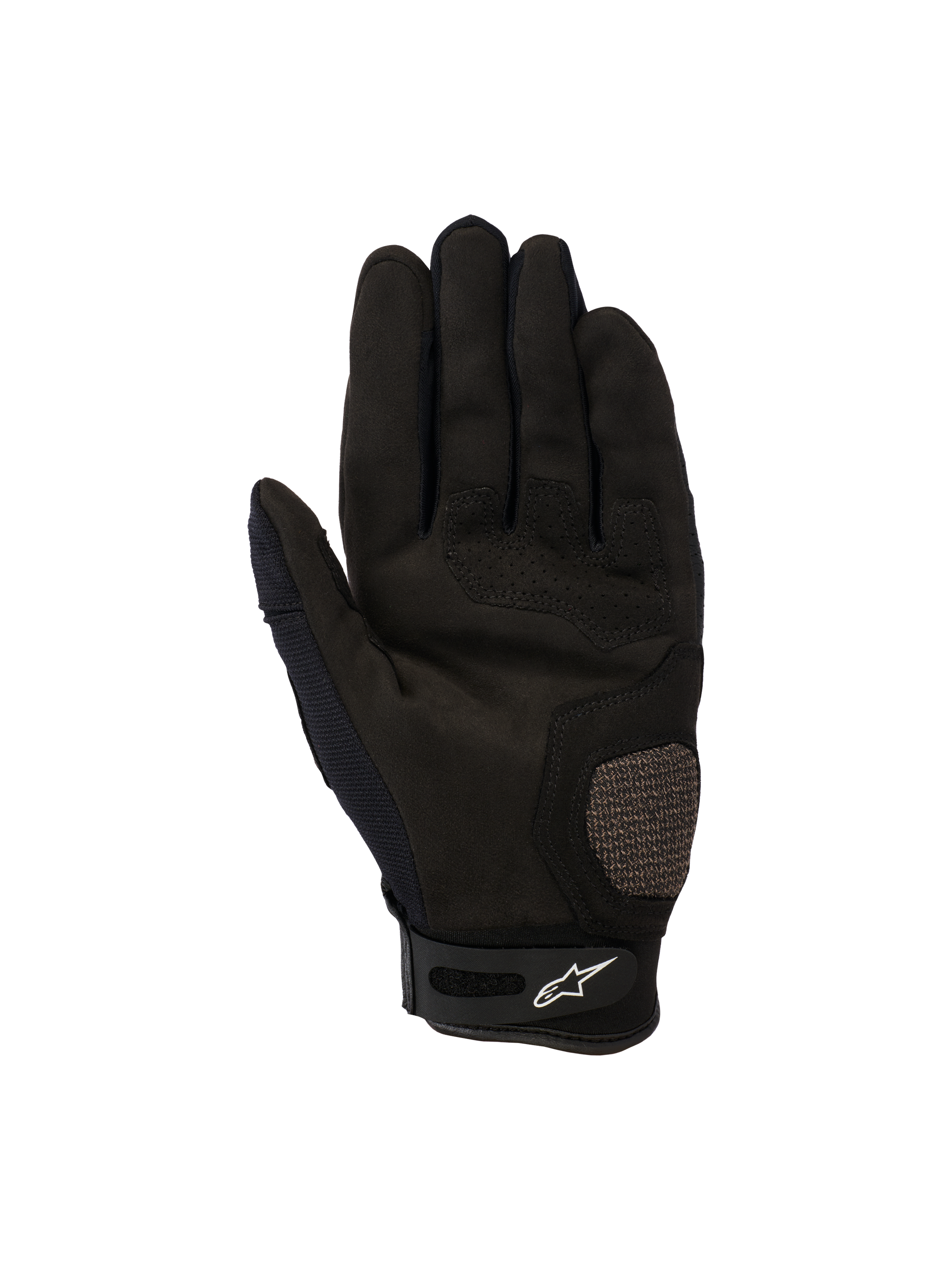 Alpinestars Megawatt V2 Gloves, Motocross and Enduro Gloves, Black, palm view featuring reinforced thumb and palm areas, perforated details for airflow, and a velcro wrist closure with the Alpinestars logo.