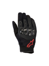 Alpinestars Megawatt V2 Gloves, Motocross Gloves, Black and Red Fluo, featuring carbon-textured hard knuckle protection, perforated leather for ventilation, and red star logo, durable off-road gear