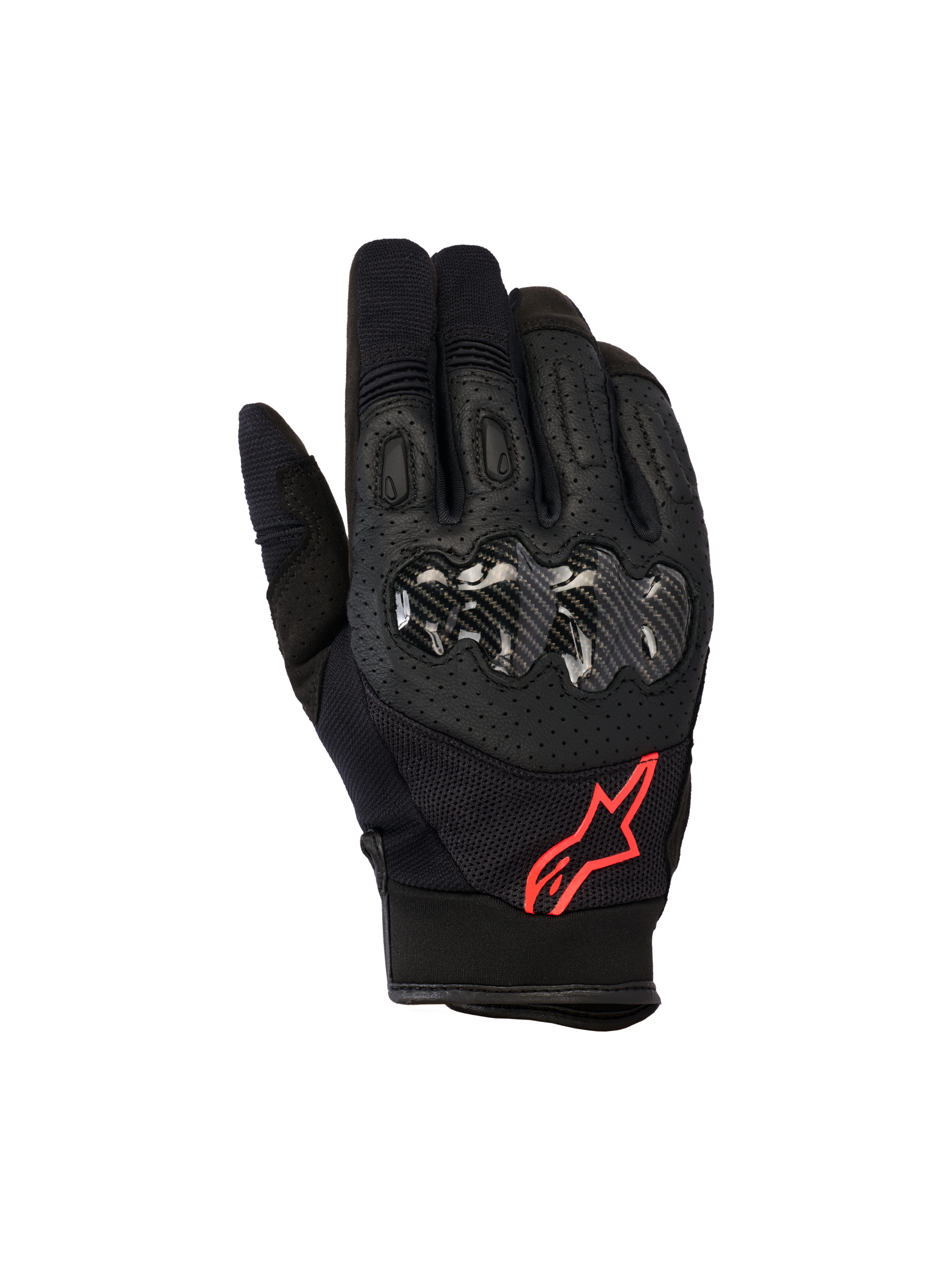 Alpinestars Megawatt V2 Gloves, Motocross Gloves, Black and Red Fluo, featuring carbon-textured hard knuckle protection, perforated leather for ventilation, and red star logo, durable off-road gear