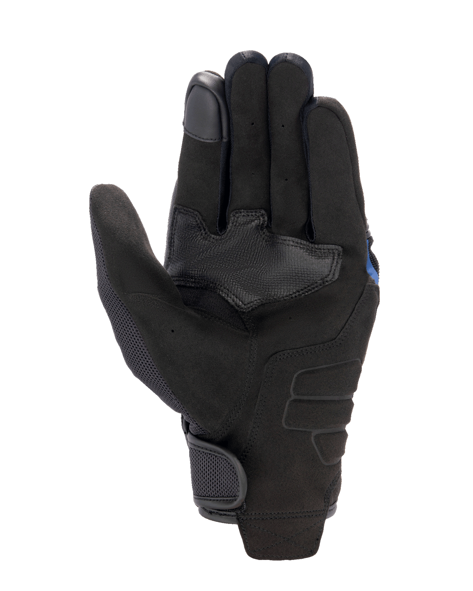 Alpinestars FQ20 Copper Gloves, Urban Motorcycle Gloves, Black, palm view featuring synthetic suede material, textured grip reinforcement patch, mesh paneling on the thumb, and a hook and loop wrist closure.