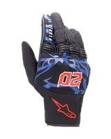 Alpinestars FQ20 Copper Gloves, urban motorcycle gloves, black with blue graphics and bright red accents, featuring the red horned number 20 and "El Diablo" text on the index finger, mesh fabric construction with a short-cuff design