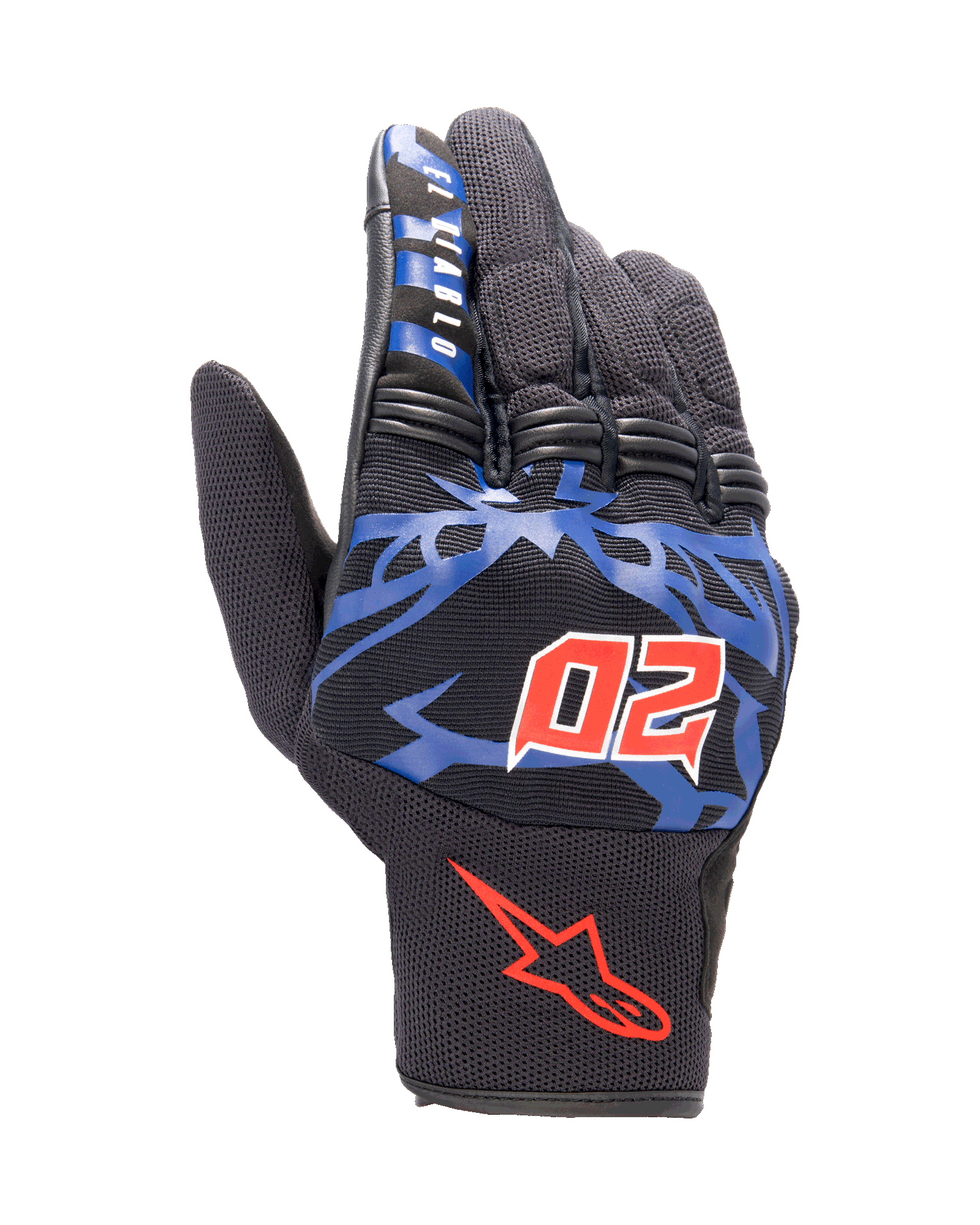 Alpinestars FQ20 Copper Gloves, urban motorcycle gloves, black with blue graphics and bright red accents, featuring the red horned number 20 and "El Diablo" text on the index finger, mesh fabric construction with a short-cuff design
