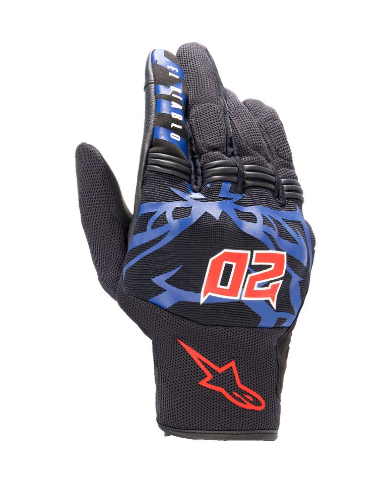 Alpinestars FQ20 Copper Gloves, urban motorcycle gloves, black with blue graphics and bright red accents, featuring the red horned number 20 and "El Diablo" text on the index finger, mesh fabric construction with a short-cuff design