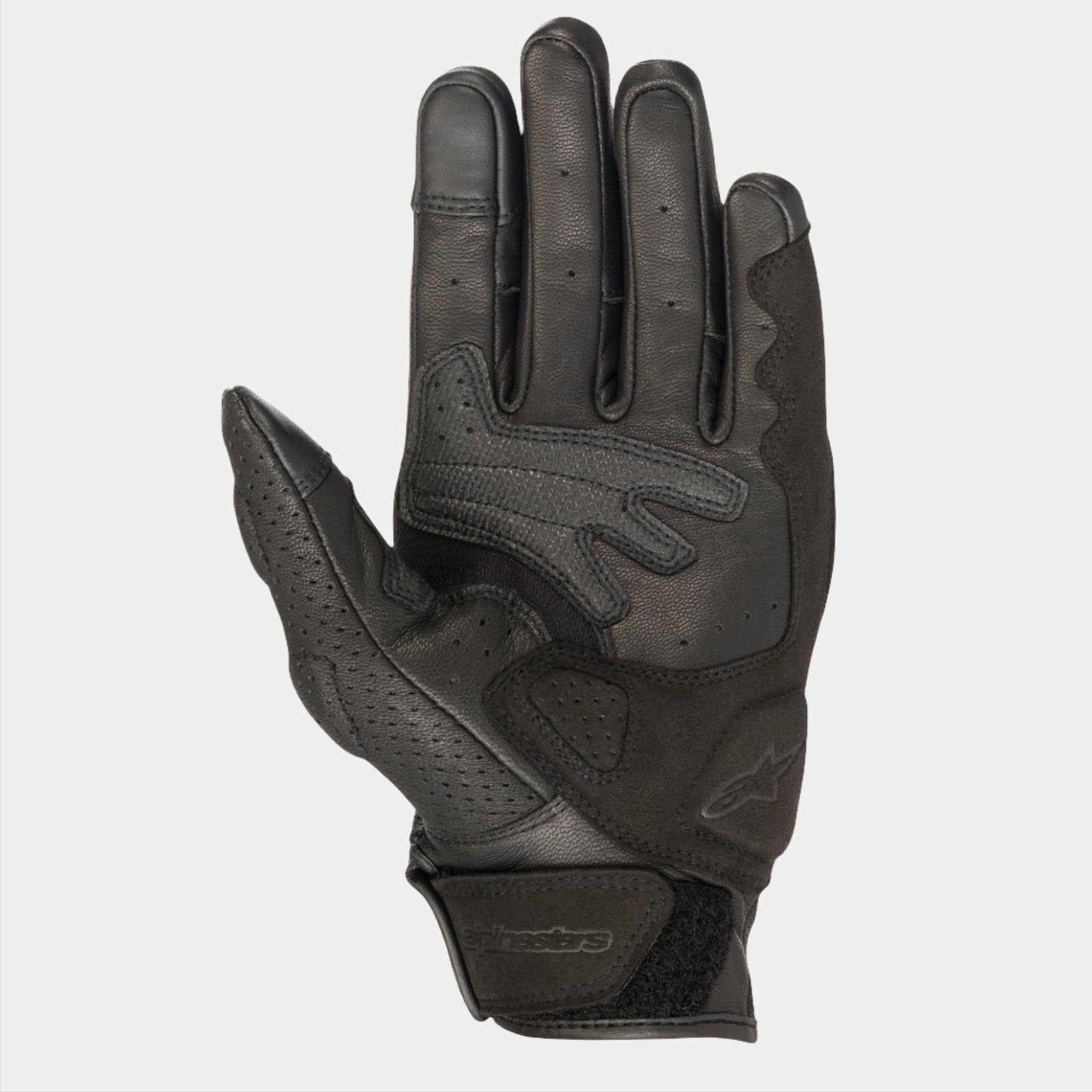 Alpinestars Mustang V2 Gloves, Black leather motorcycle gloves, palm view showing perforated leather, synthetic suede reinforcements, and hook-and-loop wrist closure, urban road riding gear