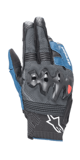 Alpinestars Morph Sport Gloves, Motorcycle Gloves, Black and Blue Sodalite, featuring over-injected knuckle guards, MorphTech Weave backhand with RIDEKNIT inserts, white star logo on the cuff, technical textured fabric for road racing