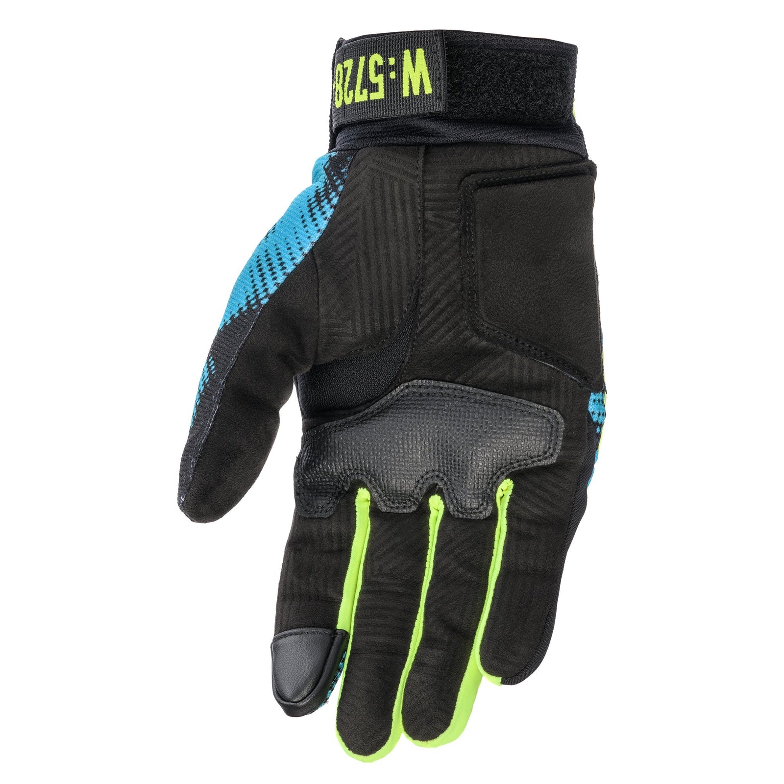 Alpinestars X Diesel AS-DSL Shotaro urban motorcycle glove in black, turquoise, and yellow fluo with synthetic suede palm.