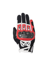 Alpinestars SMX-2 Air Carbon V2 motorcycle racing gloves in black, red, and white with carbon knuckle protection.