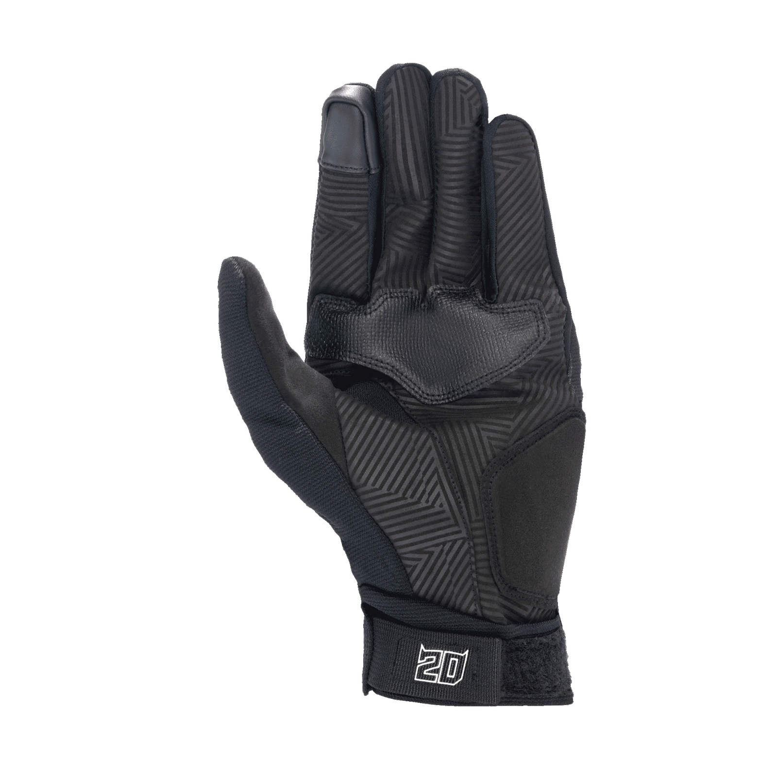 Alpinestars FQ20 Reef Monster Gloves, black men's urban motorcycle gloves with a maze-patterned palm and white 20 logo.
