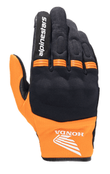 Alpinestars Honda Copper Glove, Lightweight Urban Motorcycle Glove, Black and Orange, featuring the Honda wing logo on the wrist, Alpinestars text on the index finger, mesh construction, and orange accordion panels on knuckles.