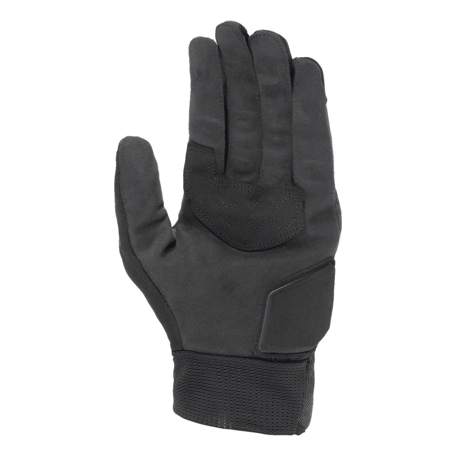 Alpinestars Stated Air Gloves, Black, palm view showing soft synthetic suede texture, reinforced palm with zigzag stitching for grip, padded heel protection, and a ribbed elastic cuff