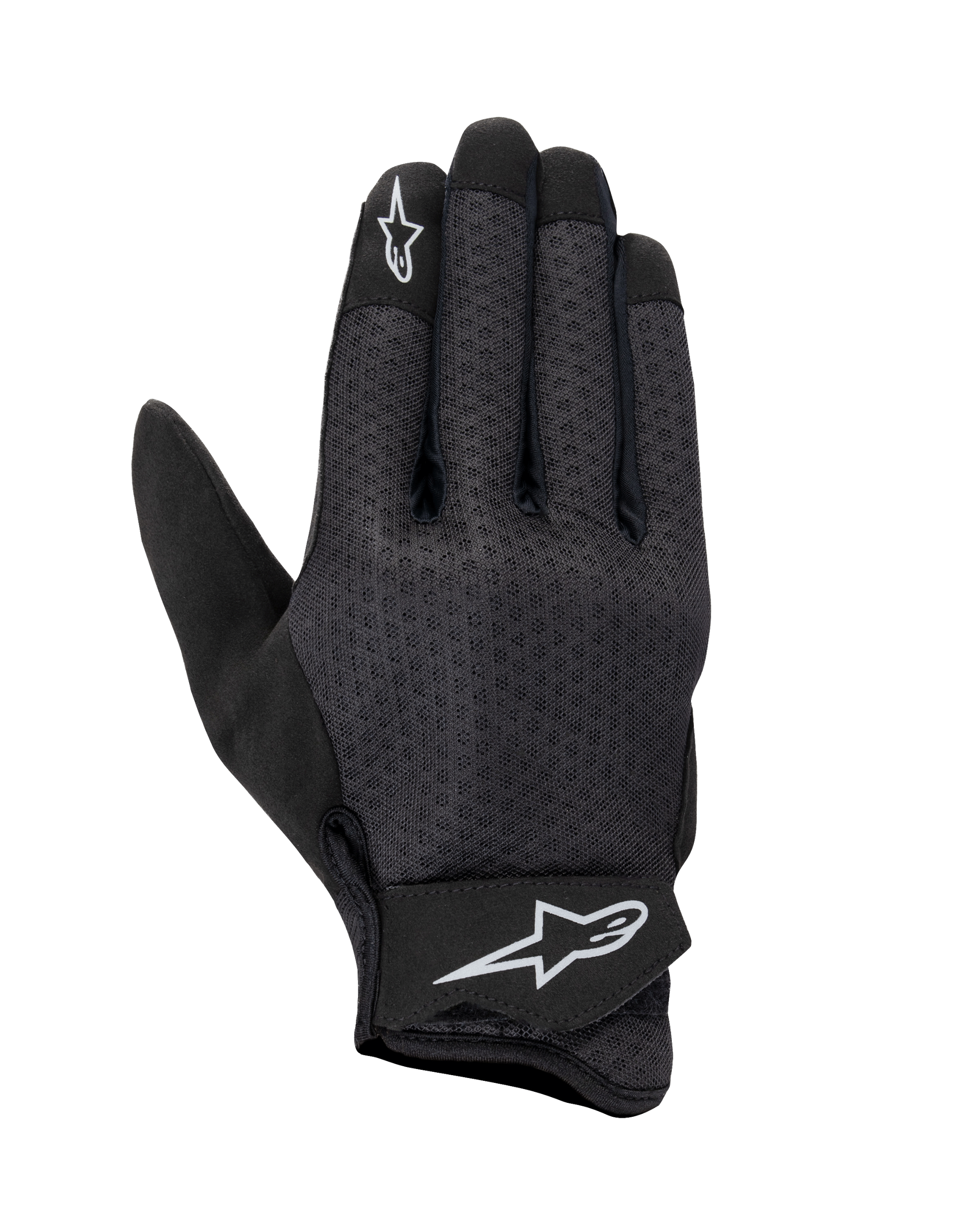 Alpinestars Stated Air Gloves, Motorcycle Gloves, Black, mesh backhand for maximum ventilation, white star logos on index finger and wrist strap, adjustable Velcro closure, lightweight synthetic material, streamlined urban design