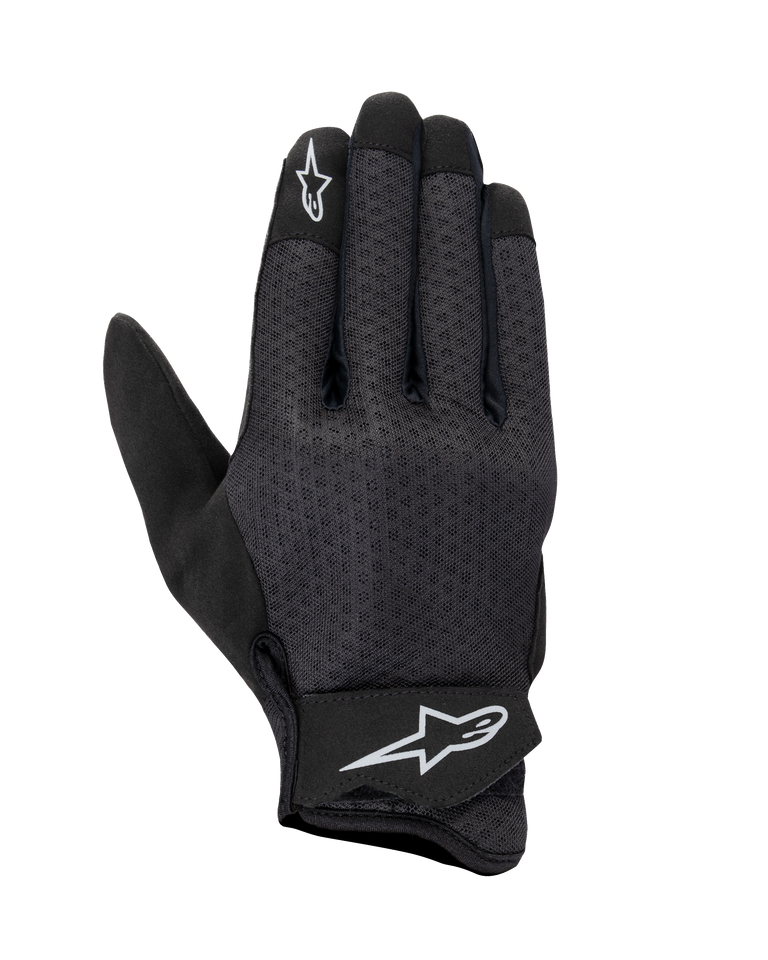 Alpinestars Stated Air Gloves, Motorcycle Gloves, Black, mesh backhand for maximum ventilation, white star logos on index finger and wrist strap, adjustable Velcro closure, lightweight synthetic material, streamlined urban design