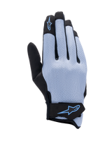 Alpinestars Stated Air Gloves, Motorcycle Riding Gloves, Stonewash Blue and Black, stretch airprene backhand with perforated texture, blue star logo on index finger and wrist closure, lightweight and breathable design for summer riding