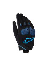 Alpinestars SP X 1 Gloves, Motorcycle Racing Gloves, Black and Blithe Blue, featuring blue TPR knuckle protectors, bright blue star logo on backhand, stretch fabric construction, sleek sport design with performance-focused details