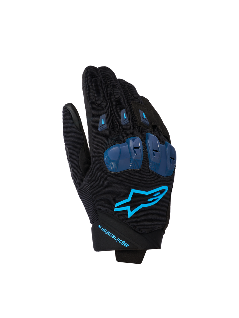 Alpinestars SP X 1 Gloves, Motorcycle Racing Gloves, Black and Blithe Blue, featuring blue TPR knuckle protectors, bright blue star logo on backhand, stretch fabric construction, sleek sport design with performance-focused details
