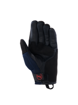 Alpinestars Manti Air Gloves, Motorcycle Gloves, Deep Blue and Black, leather palm view with perforated fingers, mesh side panels, and red circular AS logo on the wrist strap, adventure riding gear