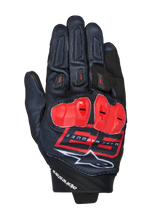 MM93 Spx 1 Gloves, Motorcycle Racing Gloves, Black with Bright Red and White accents, Red protective knuckle guards, featuring the Marc Marquez 93 logo and Alpinestars branding, textured fabric with a sporty performance design