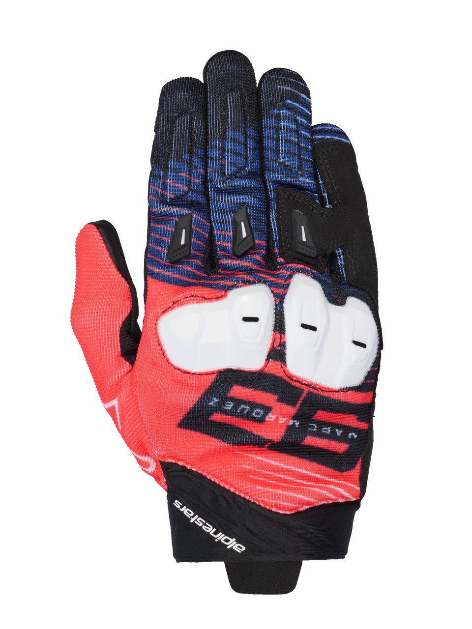 Alpinestars MM93 Spx 1 Gloves, Motorcycle Racing Gloves, Red Blue and Black, featuring White knuckle protection, prominent 93 Marc Marquez graphic, textured textile with black finger sliders, sporty racing design with Alpinestars branding on the wrist