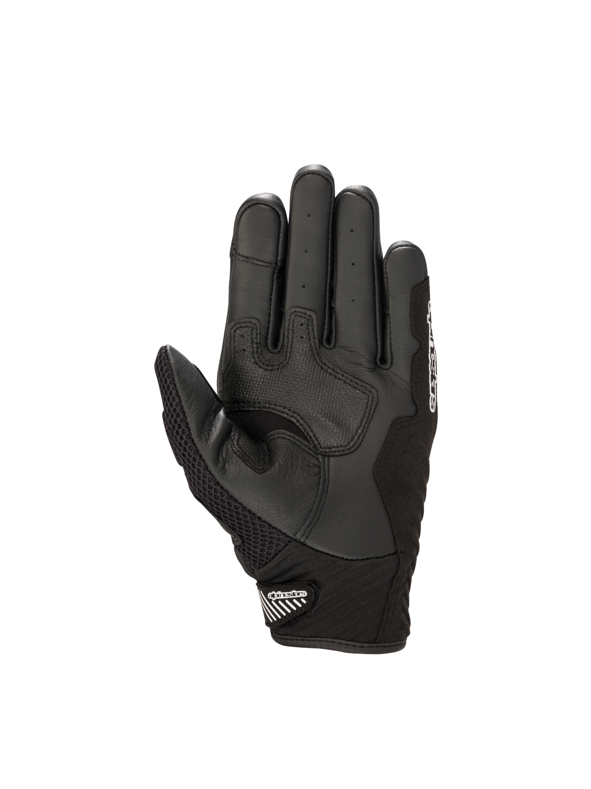 Alpinestars SMX-1 Air V2 motorcycle gloves in black leather with a reinforced palm and mesh thumb for urban riding.