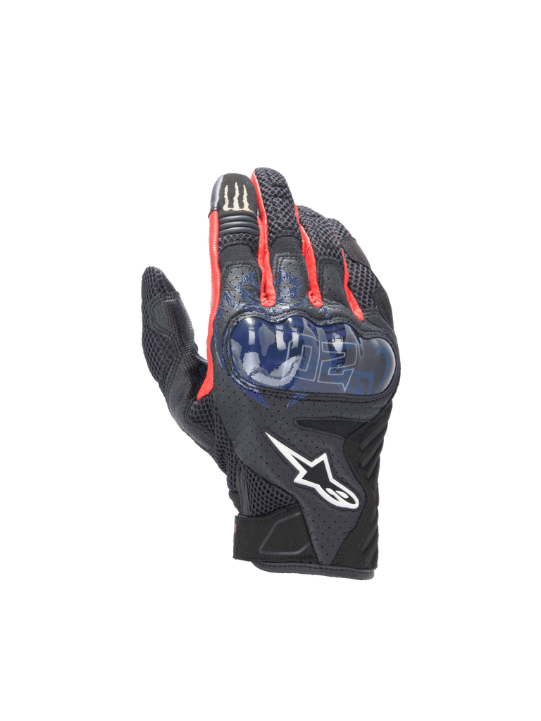 Alpinestars FQ20 SMX-1 Air V2 Monster Gloves, black and blue motorcycle gloves with mesh and hard knuckle protection.