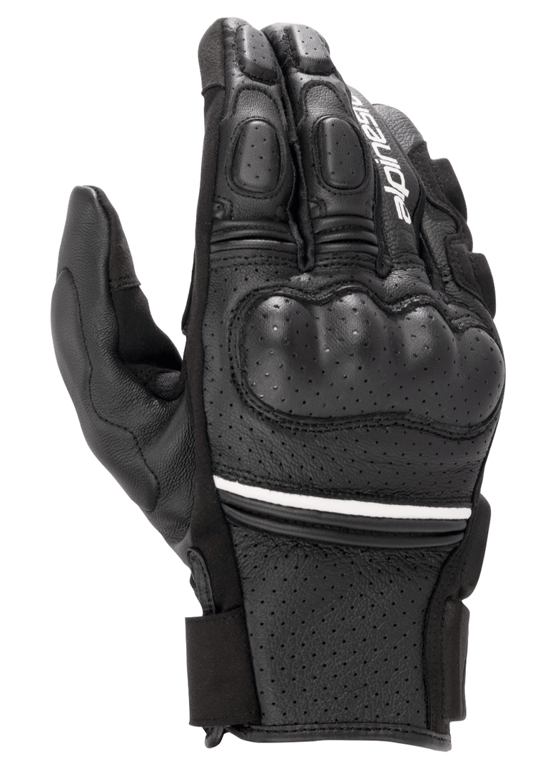 Alpinestars Phenom Leather Air Gloves, short-cuff motorcycle gloves, black with a thin white stripe, featuring perforated goat leather construction, hard knuckle protection, and padded fingers.