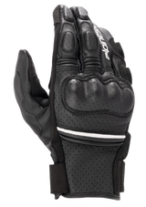 Alpinestars Phenom Leather Air Gloves, short-cuff motorcycle gloves, black with a thin white stripe, featuring perforated goat leather construction, hard knuckle protection, and padded fingers.
