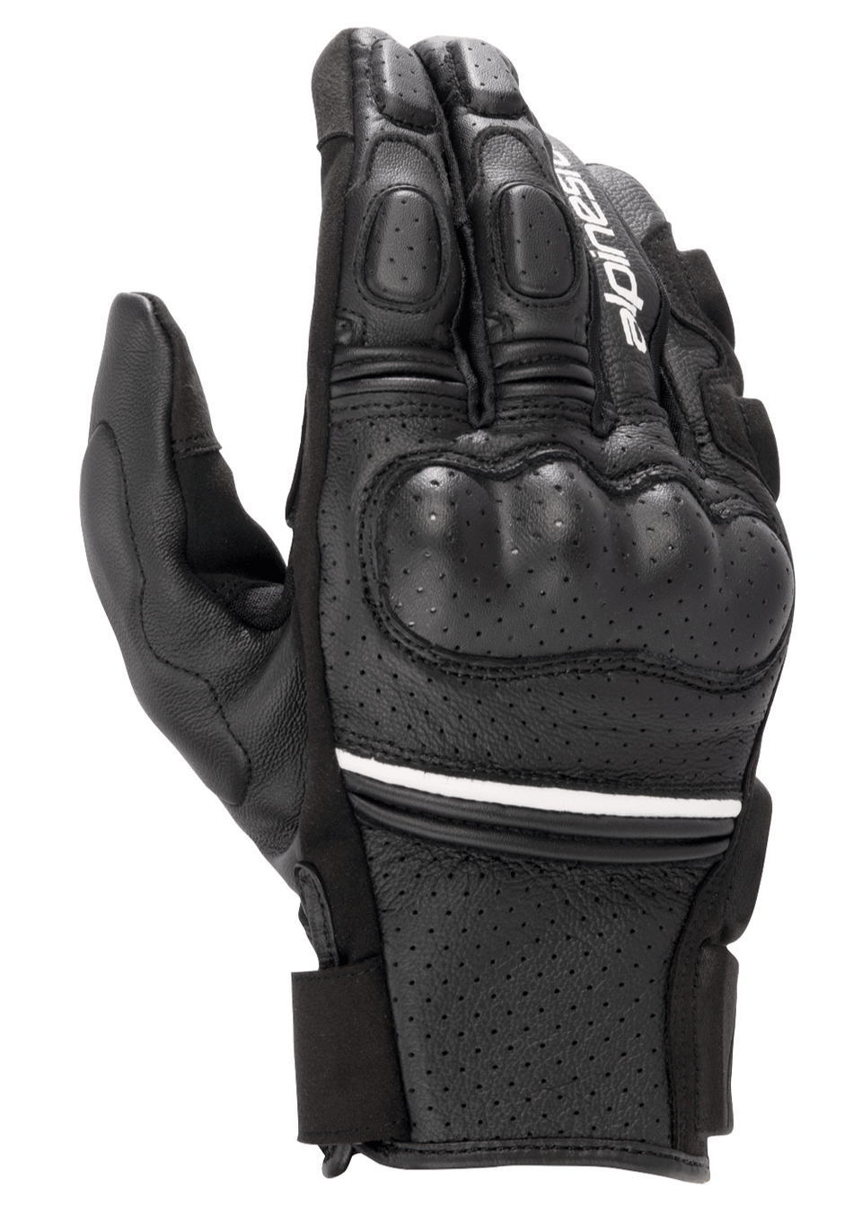 Alpinestars Phenom Leather Air Gloves, short-cuff motorcycle gloves, black with a thin white stripe, featuring perforated goat leather construction, hard knuckle protection, and padded fingers.