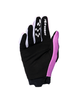 Alpinestars 2026 Woman Stella Full Bore V2 Gloves, palm view showing the Violet White and Black colorway, featuring a reinforced black synthetic suede palm, white Alpinestars logo on the index finger, and silicone grip patterns, designed for motocross performance.