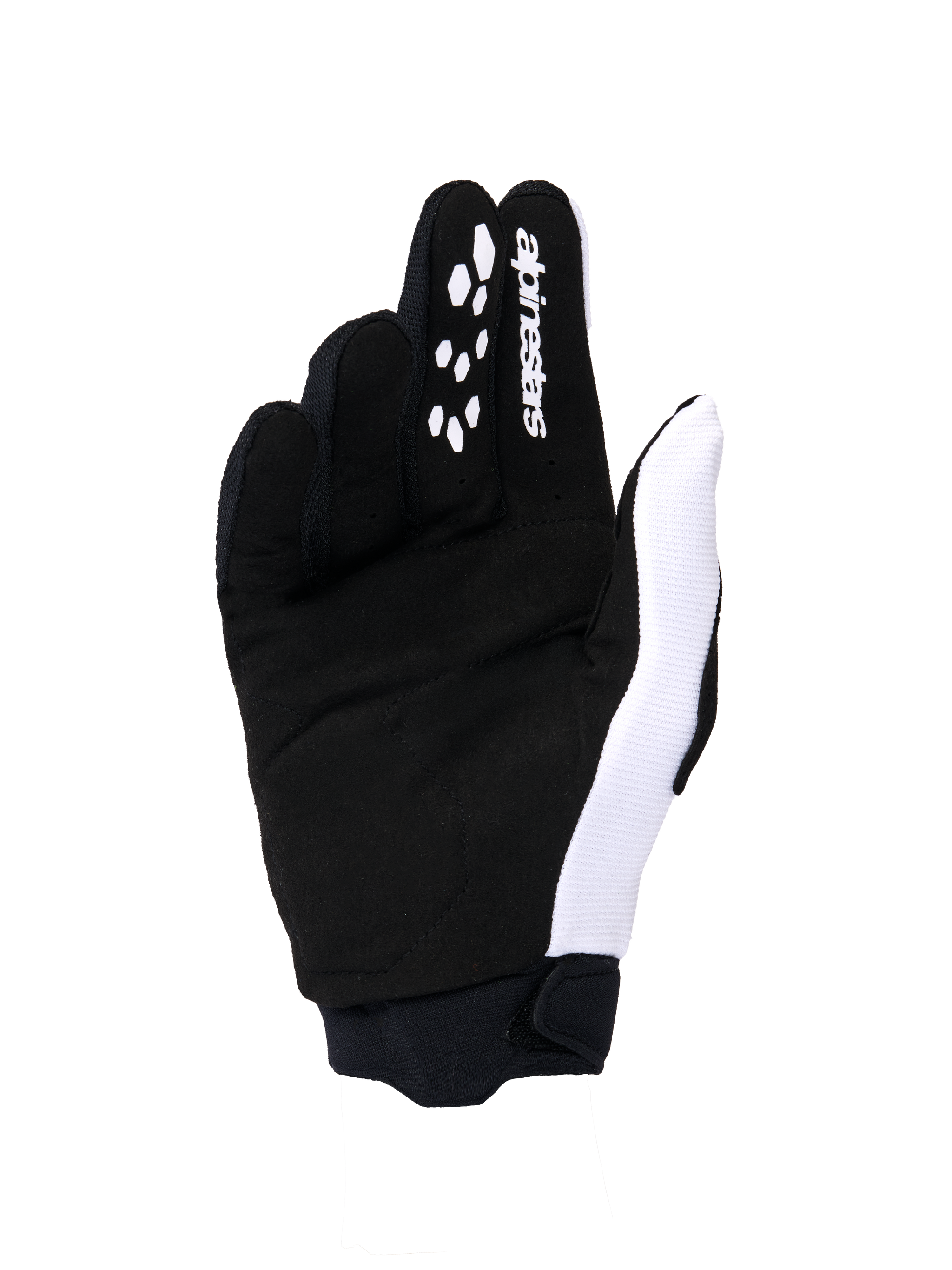 Alpinestars 2026 Woman Stella Full Bore V2 Gloves, Motocross Gloves, White and Black palm view, featuring synthetic suede construction, silicone grip patterns on fingers for lever control, white logo branding, and a secure neoprene cuff.