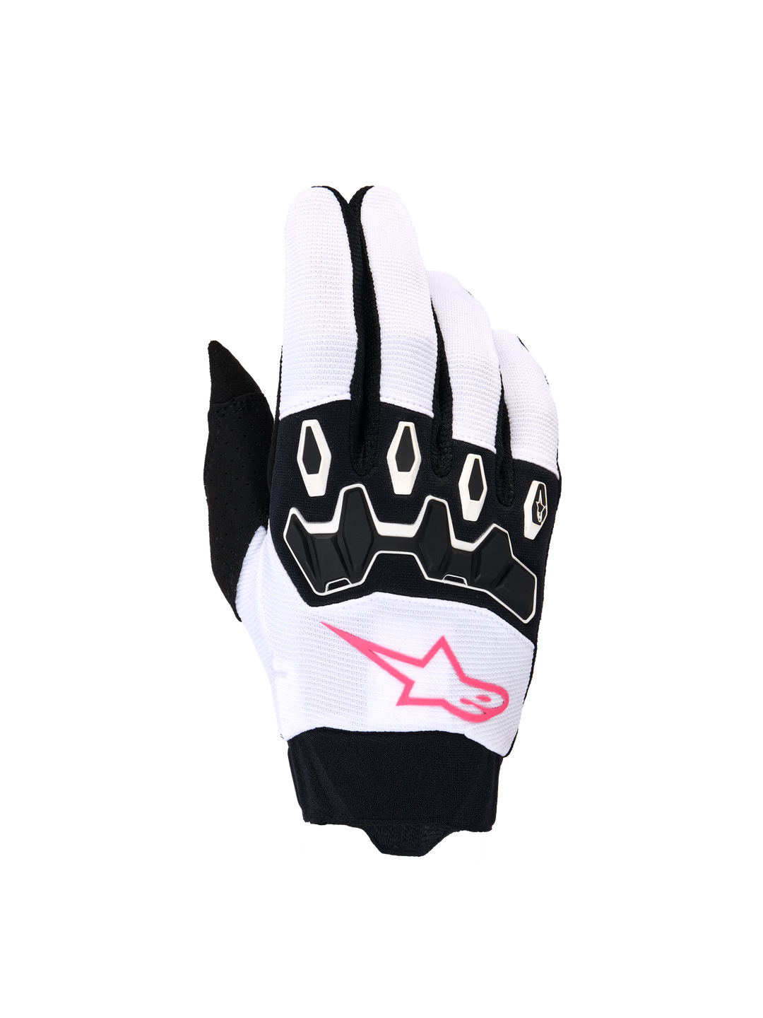 Alpinestars Stella Full Bore V2 Gloves, Women's Motocross Gloves, White and Black with Pink Fluo, featuring a pink star logo, black TPR knuckle protection, and breathable stretch fabric for off-road riding