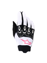 Alpinestars Stella Full Bore V2 Gloves, Women's Motocross Gloves, White and Black with Pink Fluo, featuring a pink star logo, black TPR knuckle protection, and breathable stretch fabric for off-road riding