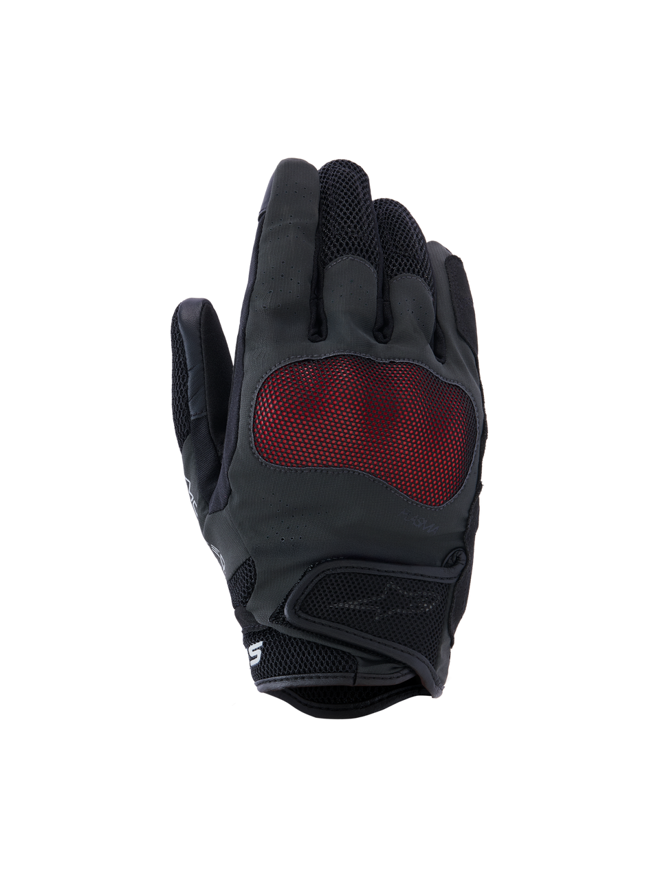 Alpinestars Stella Mogress Airflow Gloves, Women's Motorcycle Gloves, Anthracite Black and Red, features NUCLEON PLASMA knuckle protection with a red mesh overlay, laser-perforated backhand, 3D mesh inserts on fingers and cuff, short cuff with hook and loop closure, breathable urban riding design