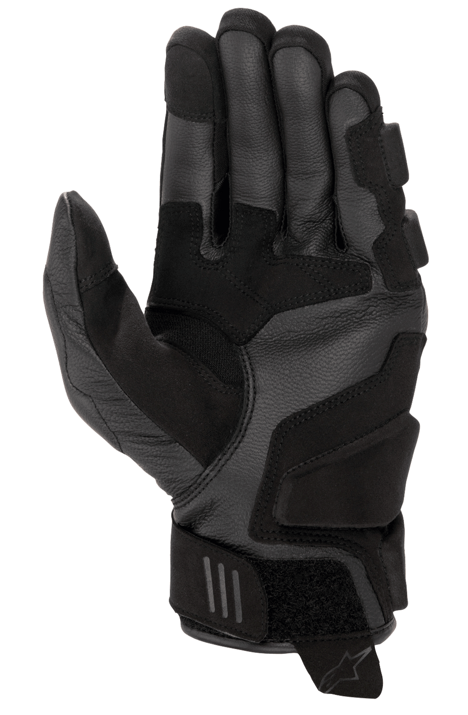 Alpinestars Women Stella Phenom Leather Air Glove, Black, palm view showing reinforced goat leather construction, padded landing zones, ergonomic stretch inserts, and velcro wrist strap with pull tab