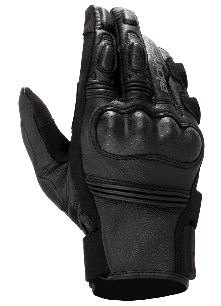 Alpinestars Stella Phenom Leather Air Glove, Women's Motorcycle Gloves, Black, backhand view highlighting hard perforated knuckle protection, padded finger joints, and premium leather texture.