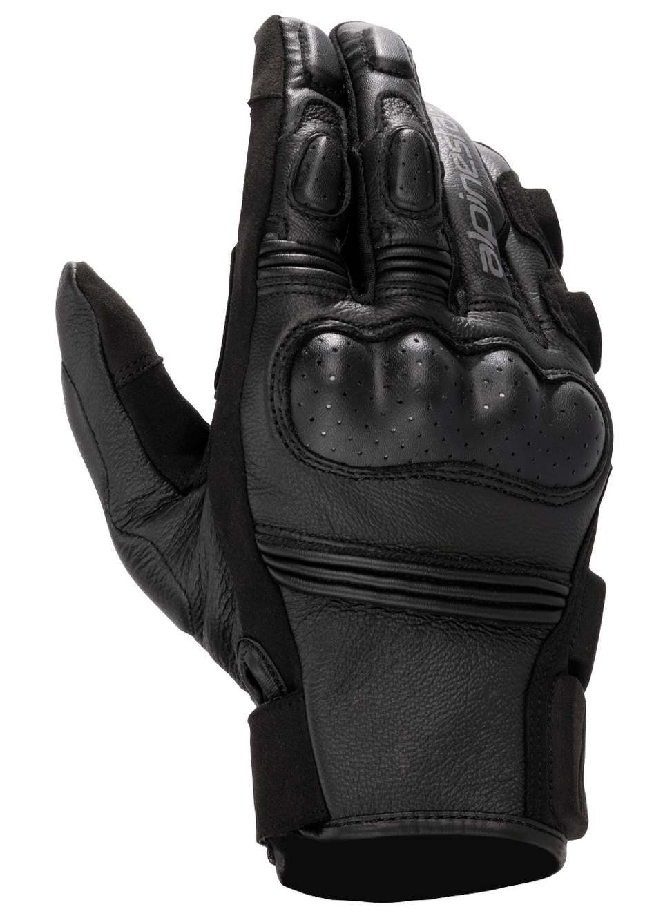 Alpinestars Stella Phenom Leather Air Glove, Women's Motorcycle Gloves, Black, backhand view highlighting hard perforated knuckle protection, padded finger joints, and premium leather texture.