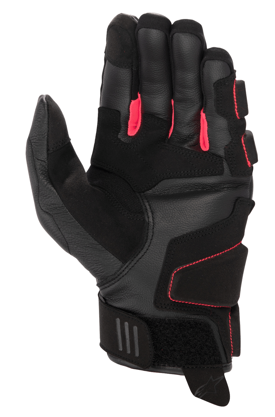 Alpinestars Women Stella Phenom Leather Air Glove, Motorcycle Gloves, Black and Diva Pink, palm side view featuring reinforced leather construction, bright pink finger gussets, and short cuff with adjustable velcro closure