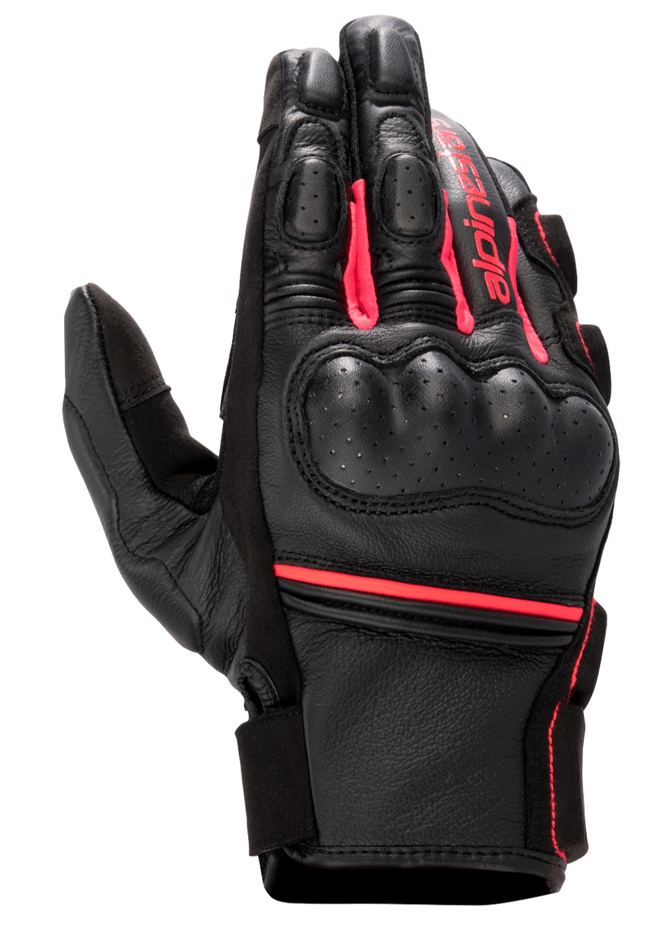 Alpinestars Stella Phenom Leather Air Glove, Women's Motorcycle Glove, Black and Diva Pink, hard knuckle protector, perforated leather construction, short cuff with Alpinestars branding, sport performance riding gear