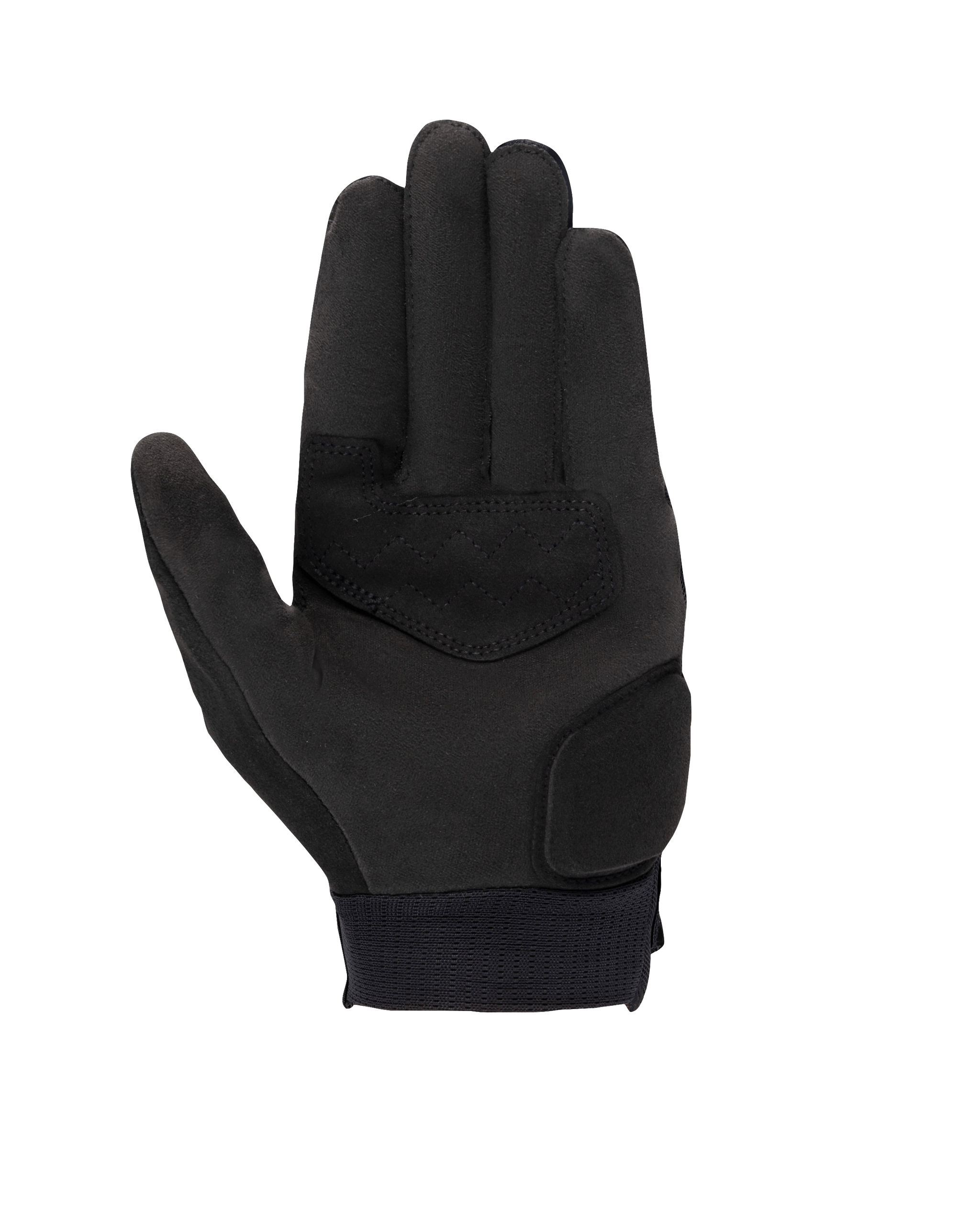 Alpinestars Stated Women's Gloves, Black, palm view showing synthetic suede material, reinforced palm and thumb areas, touchscreen-compatible fingertips, and elastic wrist cuff, urban motorcycle riding gear