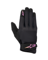 Alpinestars Stated Women's Gloves, Urban Motorcycle Gloves, Black with Pink and Yellow gradient logo, textured airprene backhand, Velcro wrist strap, lightweight and breathable summer gear