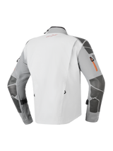 Alpinestars Nazca 3L GORE-TEX PRO Jacket, Adventure Motorcycle Jacket, Dark Gray and Mid Gray, rear view featuring Superfabric reinforcements on sleeves and shoulders, orange zipper detailing, and technical 3-layer laminated construction.