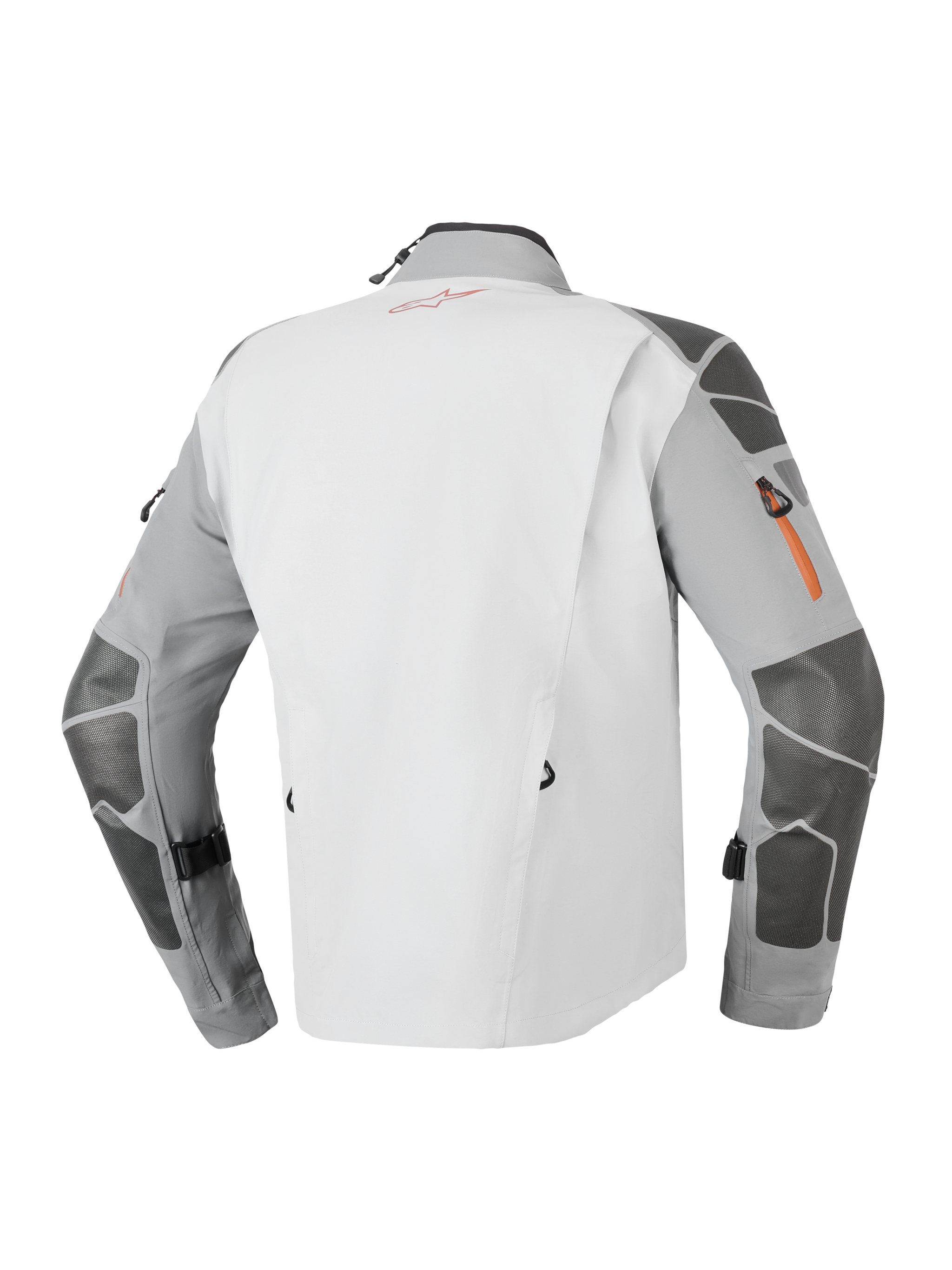 Alpinestars Nazca 3L GORE-TEX PRO Jacket, Adventure Motorcycle Jacket, Dark Gray and Mid Gray, rear view featuring Superfabric reinforcements on sleeves and shoulders, orange zipper detailing, and technical 3-layer laminated construction.