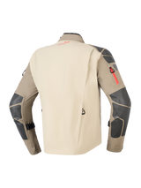 Alpinestars Nazca 3L GORE-TEX PRO Jacket, Walnut Rock Brown, Rear view showing tan back panel and brown sleeves with dark grey reinforcements on shoulders and elbows, red zipper and logo accents, durable adventure motorcycle touring gear