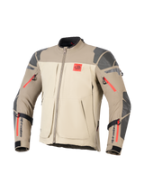 Alpinestars Nazca 3L GORE-TEX PRO Jacket, Walnut Rock Brown, Adventure Motorcycle Jacket, beige and light brown color blocking, grey textured reinforcements on shoulders and elbows, bright red zipper highlights, red 'ALL TERRA' logo on chest, black Alpinestars branding on forearms, durable textile construction