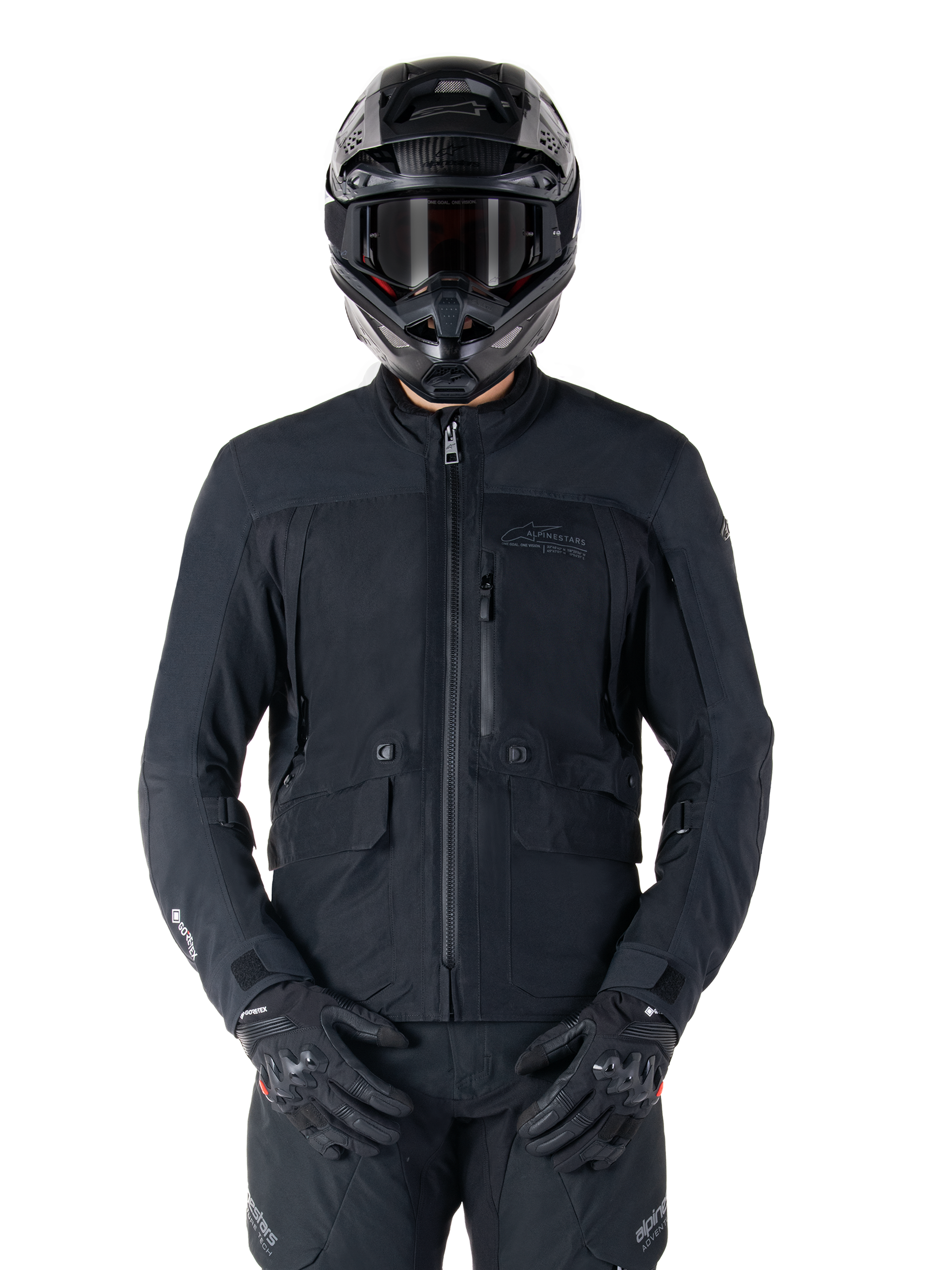 Alpinestars St-7 Prime GORE-TEX Jacket, Black Motorcycle Touring Jacket, Waterproof and Breathable, Front Zipper, Multiple Pockets, Worn with Matching Helmet and Gloves, Premium Protection for All-Weather Riding